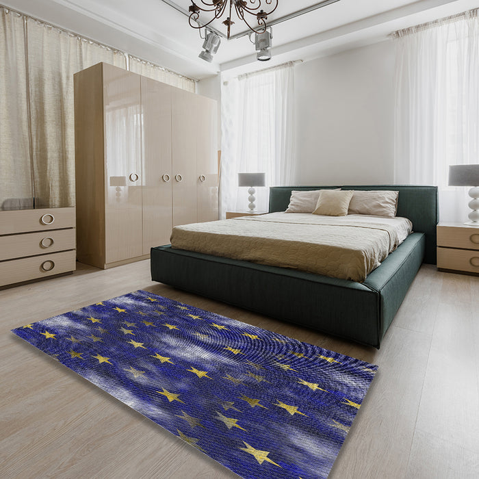 Patterned Denim Dark Blue Novelty Rug in a Bedroom, pat3100
