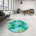 Round Patterned Bright Turquoise Blue Rug in a Office, pat3102lblu