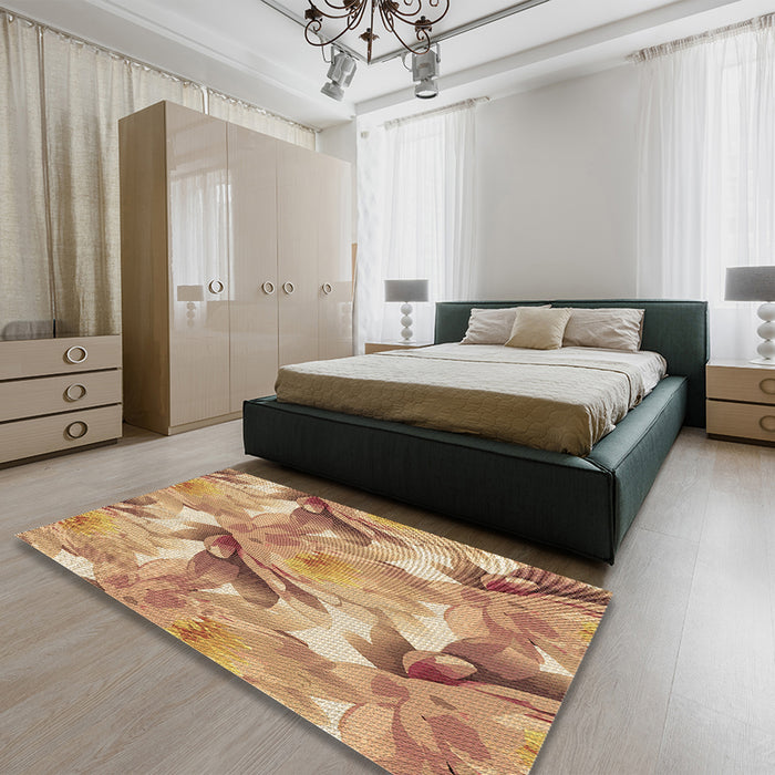 Round Machine Washable Transitional Yellow Orange Rug in a Office, wshpat3103brn