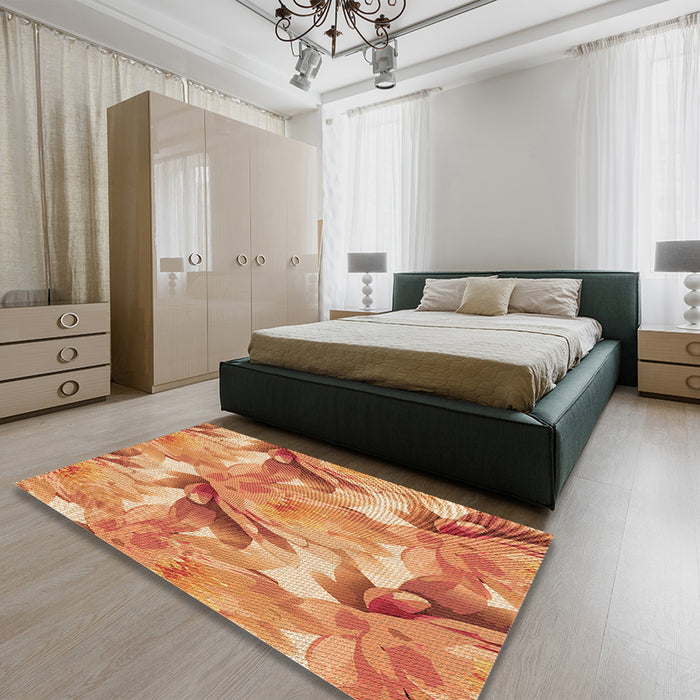 Round Machine Washable Transitional Yellow Orange Rug in a Office, wshpat3103org
