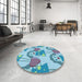 Round Patterned Glacial Blue Ice Blue Rug in a Office, pat3108lblu