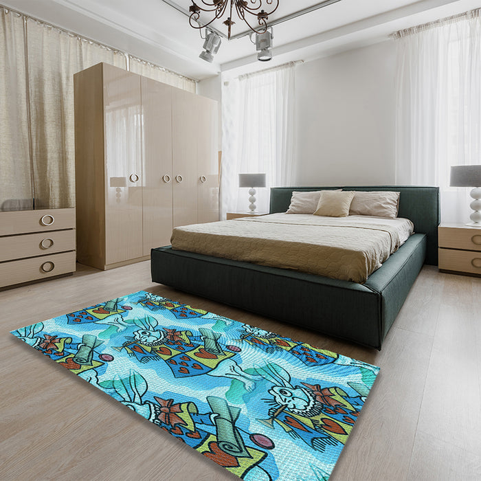 Patterned Greenish Blue Green Rug in a Bedroom, pat3109lblu