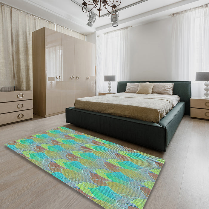 Patterned Khaki Green Rug in a Bedroom, pat3110lblu