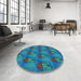 Round Patterned Dark Turquoise Green Rug in a Office, pat3112lblu