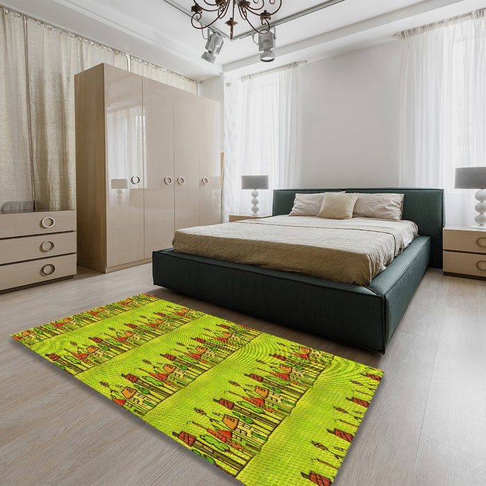Patterned Dark Yellow Green Rug in a Bedroom, pat3114yw