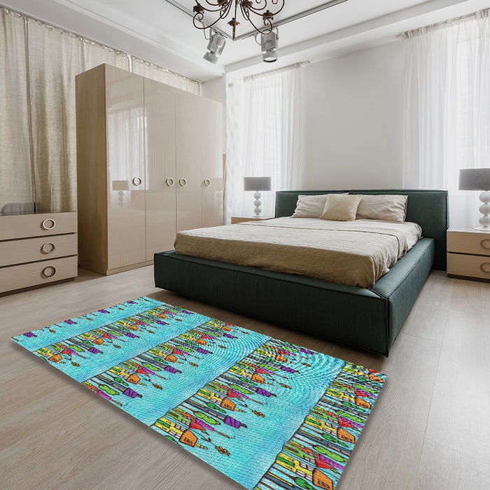 Patterned Sky Blue Novelty Rug in a Bedroom, pat3114