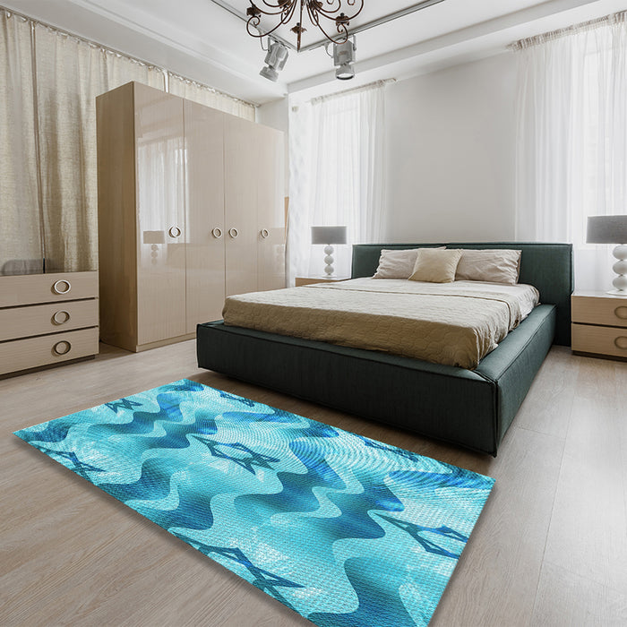 Patterned Deep Sky Blue Rug in a Bedroom, pat3115lblu