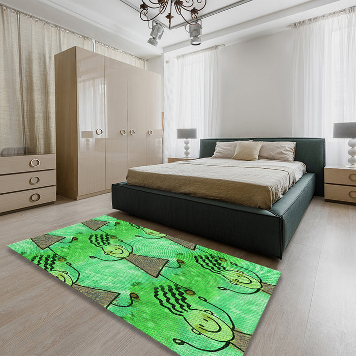 Patterned Dark Lime Green Rug in a Bedroom, pat3116grn