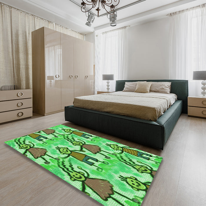 Patterned Dark Lime Green Rug in a Bedroom, pat3118grn
