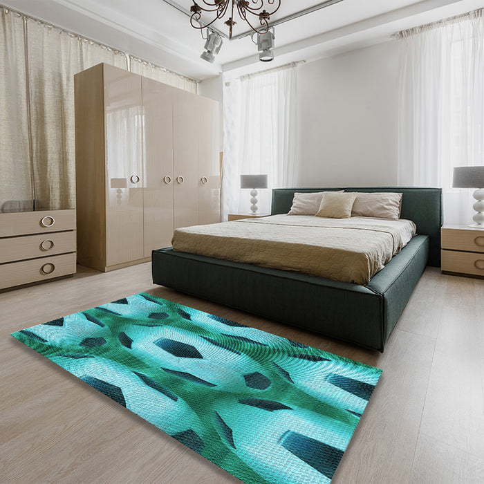 Patterned Teal Green Rug in a Bedroom, pat3121lblu