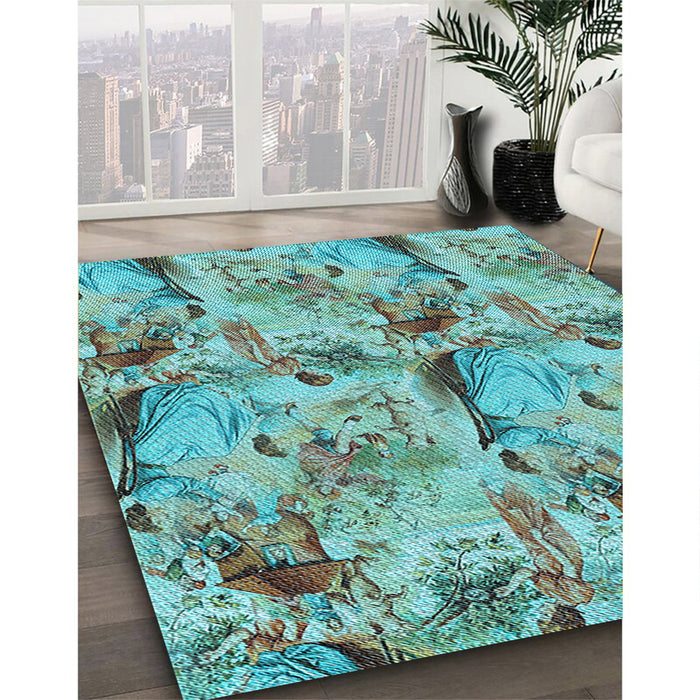 Patterned Dull-Sea Green Rug in Family Room, pat3129lblu