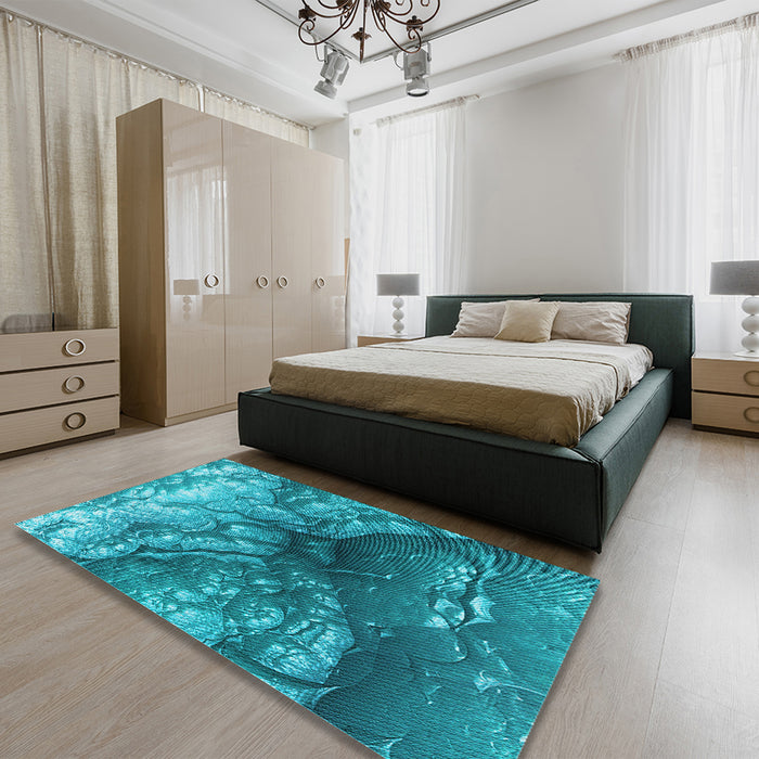 Round Machine Washable Transitional Dark Cyan Green Rug in a Office, wshpat3134lblu