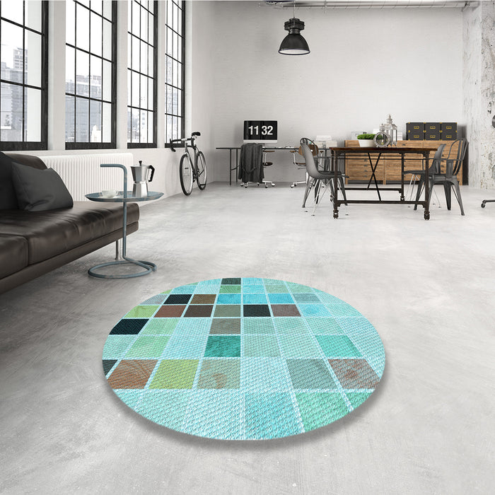 Round Patterned Deep-Sea Green Rug in a Office, pat3136lblu