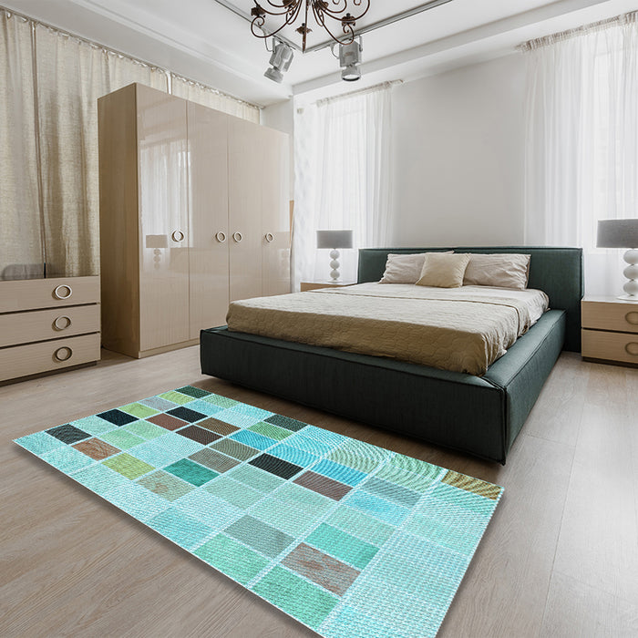 Patterned Deep-Sea Green Rug in a Bedroom, pat3136lblu