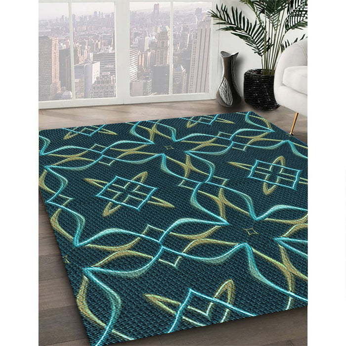 Patterned Deep-Sea Green Rug in Family Room, pat3137lblu