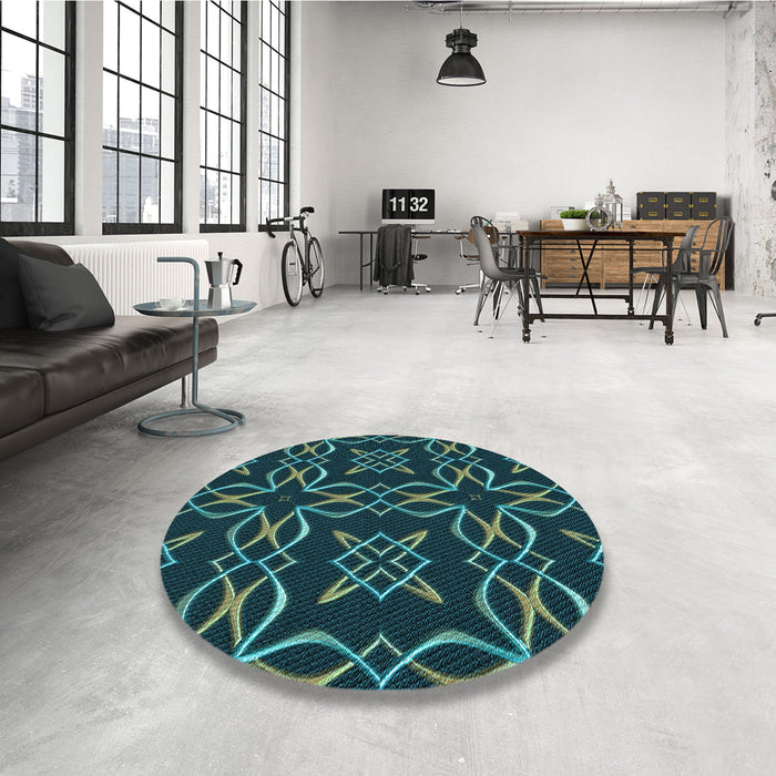 Round Patterned Deep-Sea Green Rug in a Office, pat3137lblu