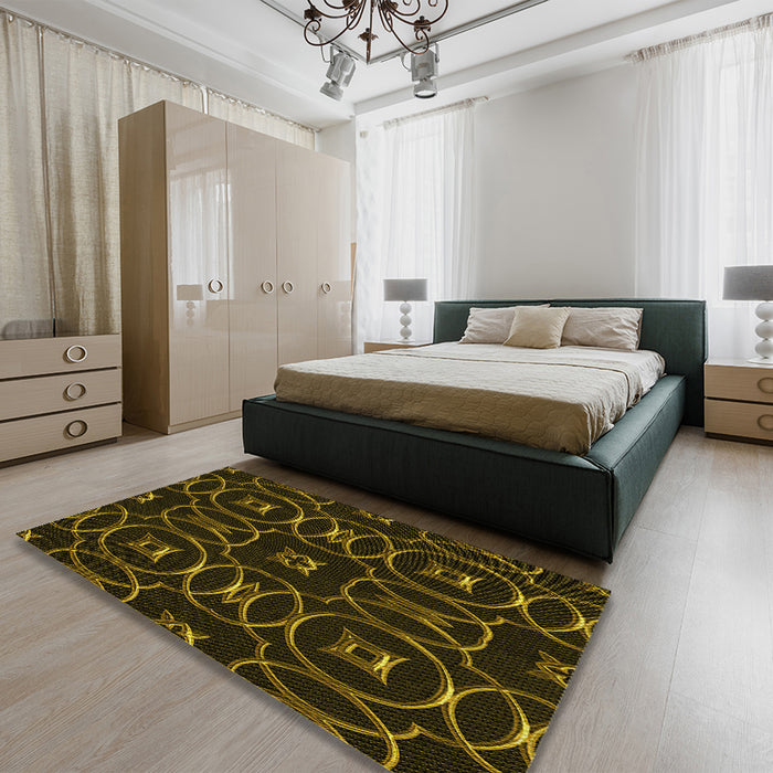 Patterned Dark Bronze Brown Rug in a Bedroom, pat3139yw