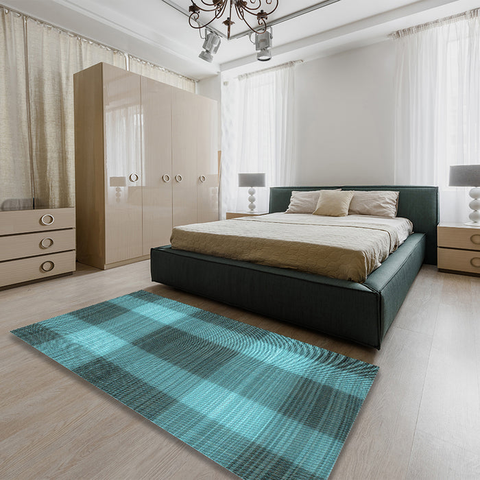 Patterned Deep-Sea Green Rug in a Bedroom, pat3141lblu