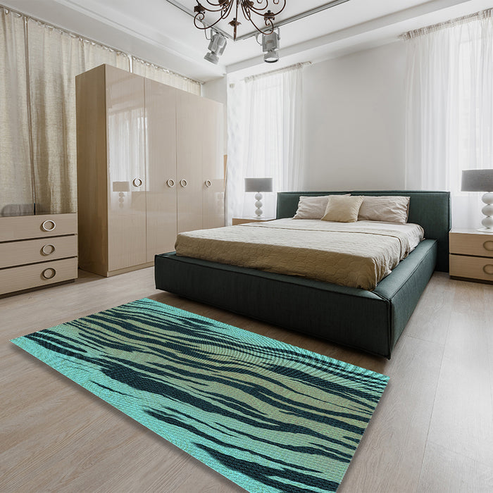 Patterned Deep Teal Green Rug in a Bedroom, pat3145lblu