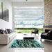 Square Patterned Deep Teal Green Rug in a Living Room, pat3145lblu