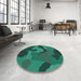 Round Patterned Deep Teal Green Rug in a Office, pat3148lblu