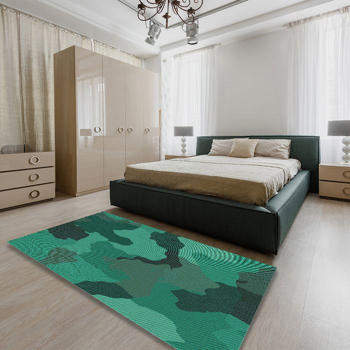 Patterned Deep Teal Green Rug in a Bedroom, pat3148lblu