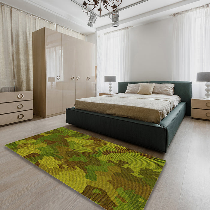 Patterned Dark Yellow Green Rug in a Bedroom, pat3149yw