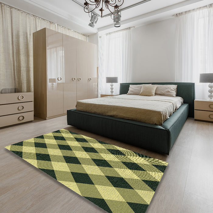 Patterned Metallic Gold Novelty Rug in a Bedroom, pat3150