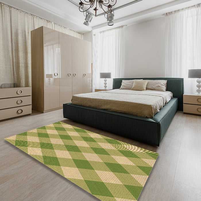 Patterned Dark Yellow Green Rug in a Bedroom, pat3151brn