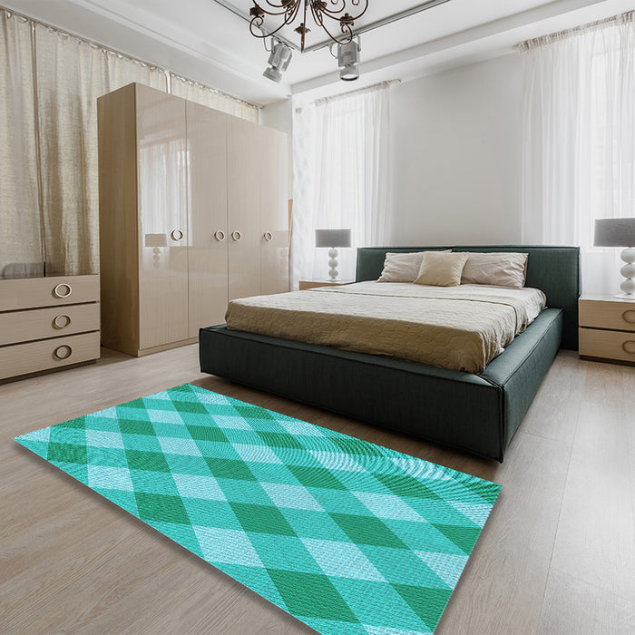 Patterned Bright Cyan Blue Rug in a Bedroom, pat3151lblu