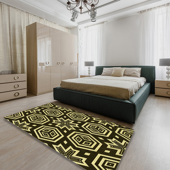 Round Machine Washable Transitional Metallic Gold Rug in a Office, wshpat3153yw