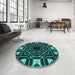 Round Patterned Deep Teal Green Rug in a Office, pat3163lblu