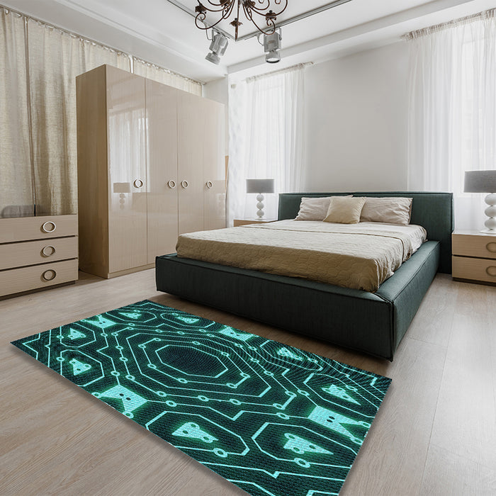 Patterned Deep Teal Green Rug in a Bedroom, pat3163lblu