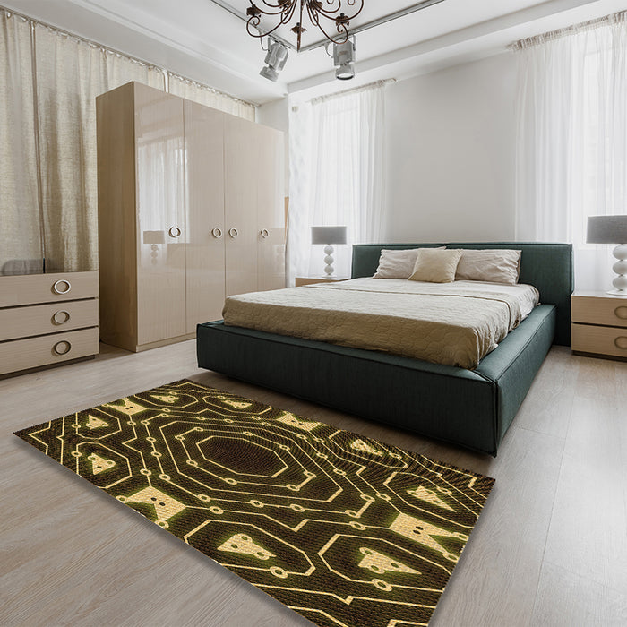 Patterned Black Brown Rug in a Bedroom, pat3163org
