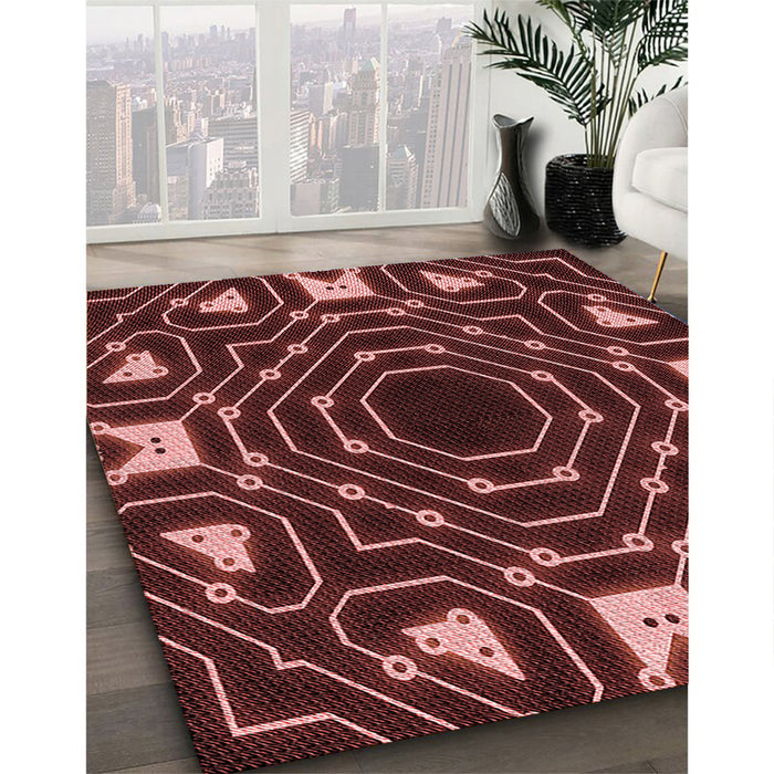 Patterned Cherry Red Rug in Family Room, pat3163rd