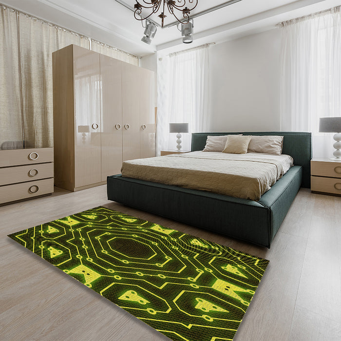 Patterned Dark Yellow Green Rug in a Bedroom, pat3163yw