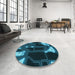 Round Patterned Dark Turquoise Green Rug in a Office, pat3164lblu