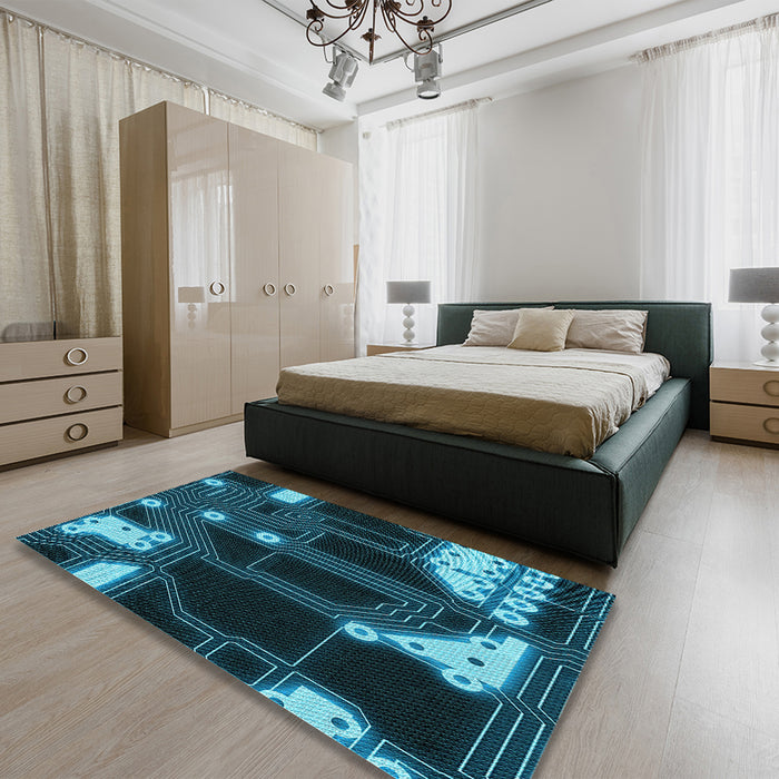 Patterned Dark Turquoise Green Rug in a Bedroom, pat3164lblu