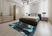 Patterned Cadet Blue Green Modern Rug in a Bedroom, pat3164