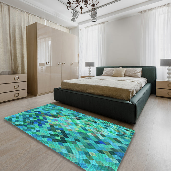 Patterned Dark Cyan Green Rug in a Bedroom, pat3168lblu