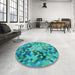 Round Patterned Dark Cyan Green Rug in a Office, pat3168lblu