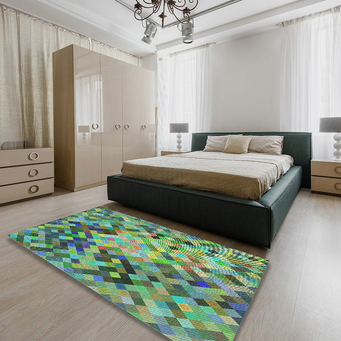 Patterned Deep-Sea Green Modern Rug in a Bedroom, pat3168