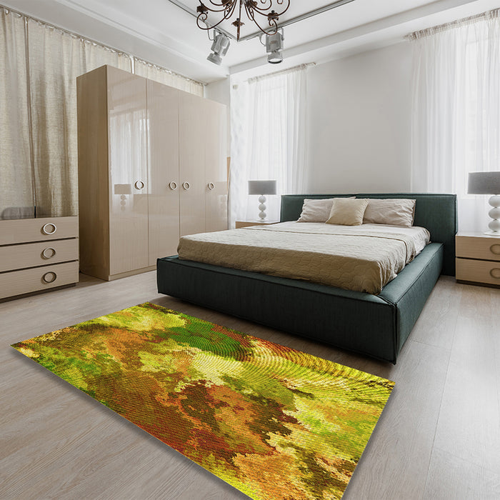 Patterned Golden Brown Yellow Rug in a Bedroom, pat3171yw