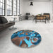 Round Patterned Glacial Blue Ice Blue Rug in a Office, pat3172lblu