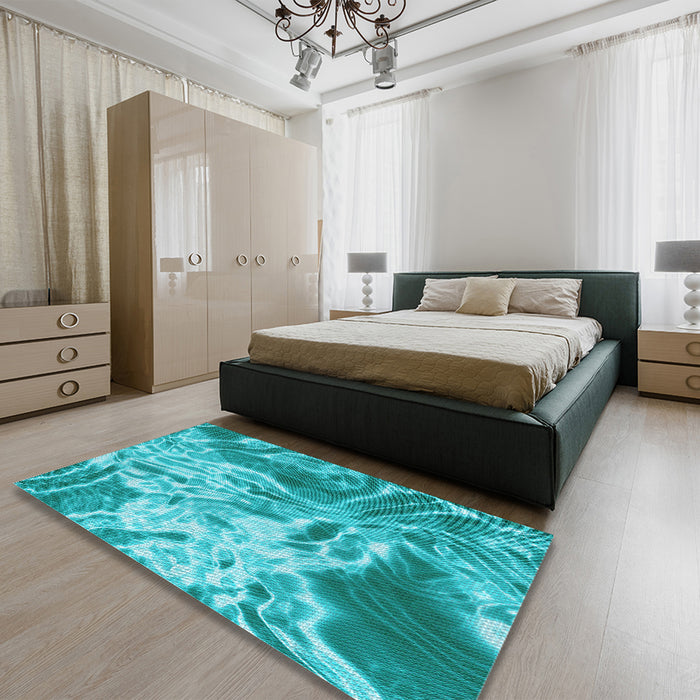 Patterned Bright Cyan Blue Rug in a Bedroom, pat3176lblu