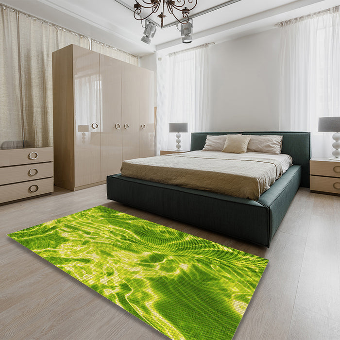 Patterned Dark Lime Green Rug in a Bedroom, pat3176yw