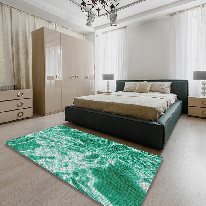 Patterned Turquoise Green Modern Rug in a Bedroom, pat3176