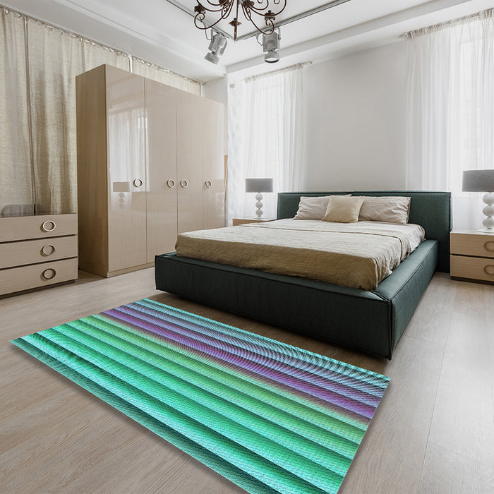 Patterned Dark Turquoise Green Rug in a Bedroom, pat3177lblu