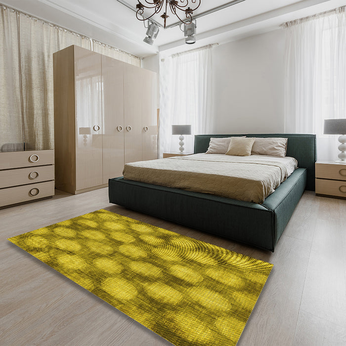 Patterned Dark Yellow Green Rug in a Bedroom, pat3186yw