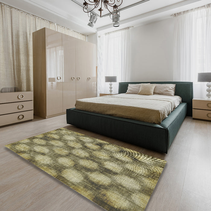 Patterned Antique Bronze Green Novelty Rug in a Bedroom, pat3186